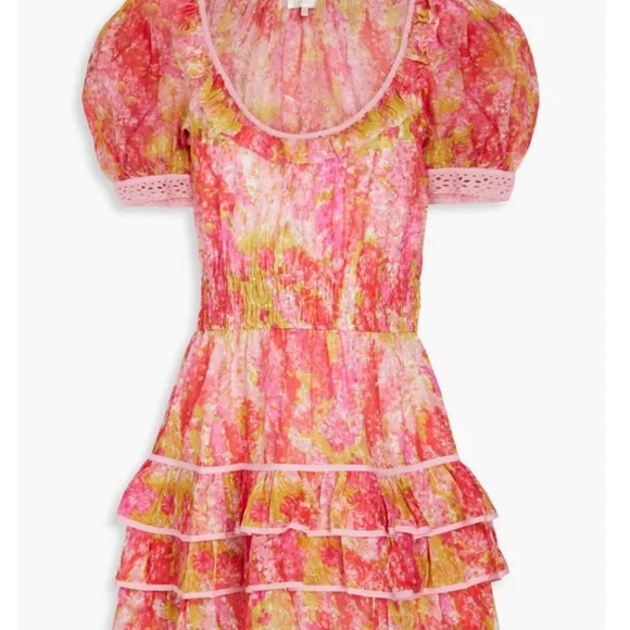 LoveShackFancy Safiya Ruffled Pink and Yellow Silk-blend Floral Mini Dress - Picture 4 of 8